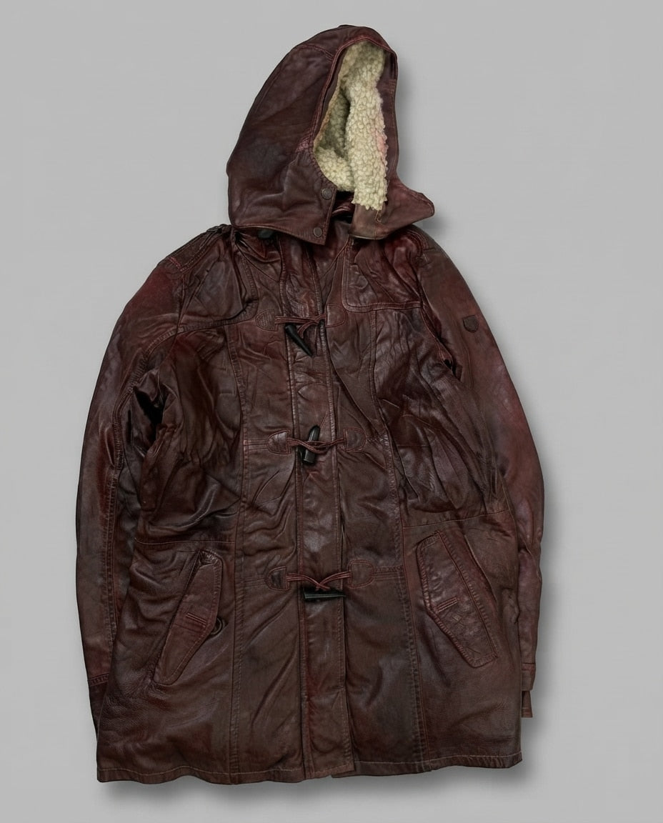 Burgundy leather hooded jacket, size L, shown flat from the front. Borg Lined Hood.