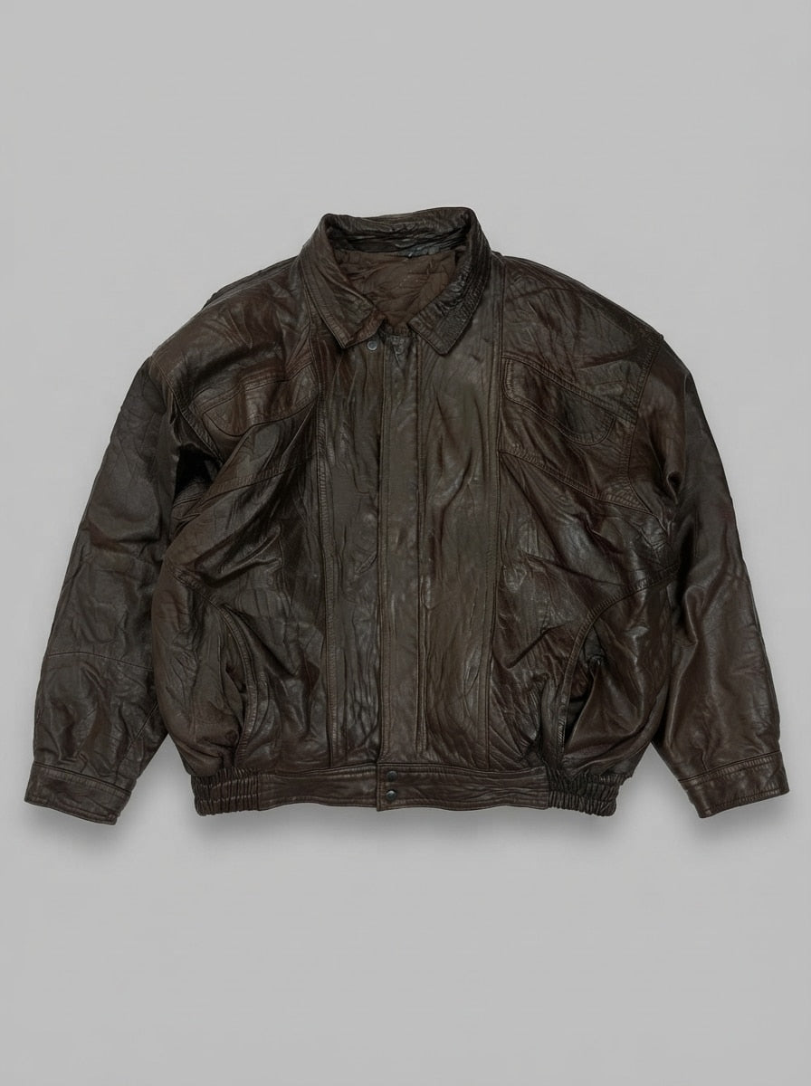 Brown leather harrington jacket, size L, shown flat from the front. Snap throat collar.