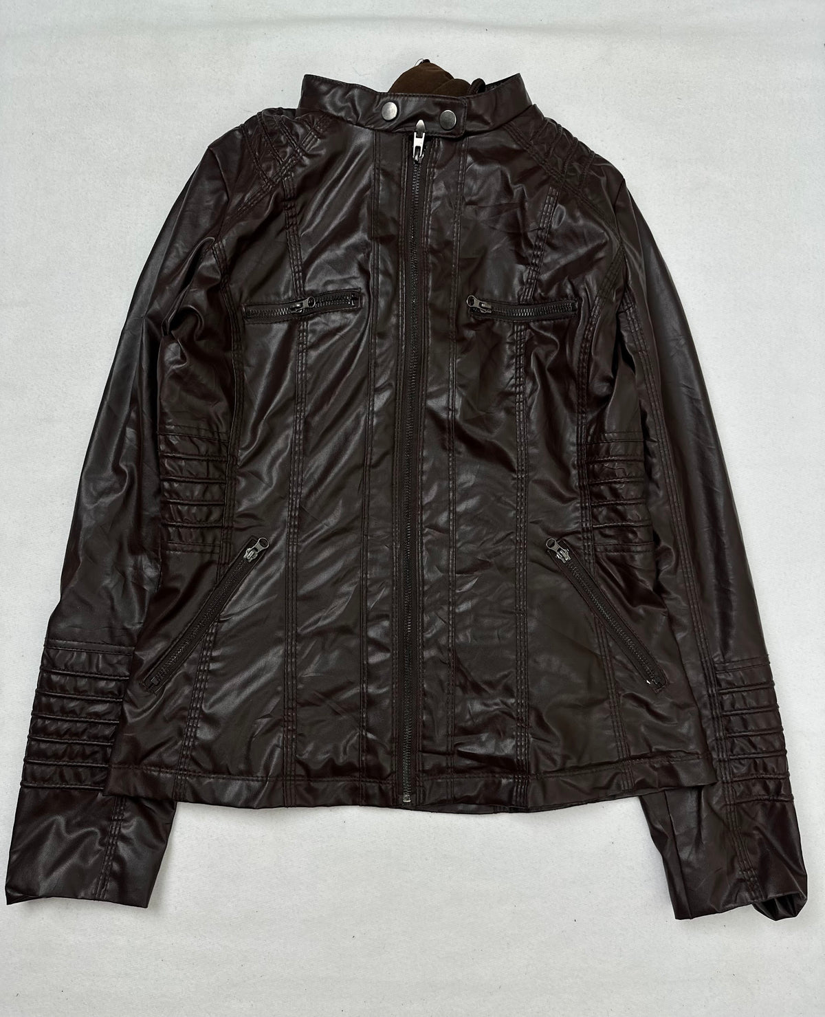 Front of the size M brown leather hooded jacket, laid flat and unedited