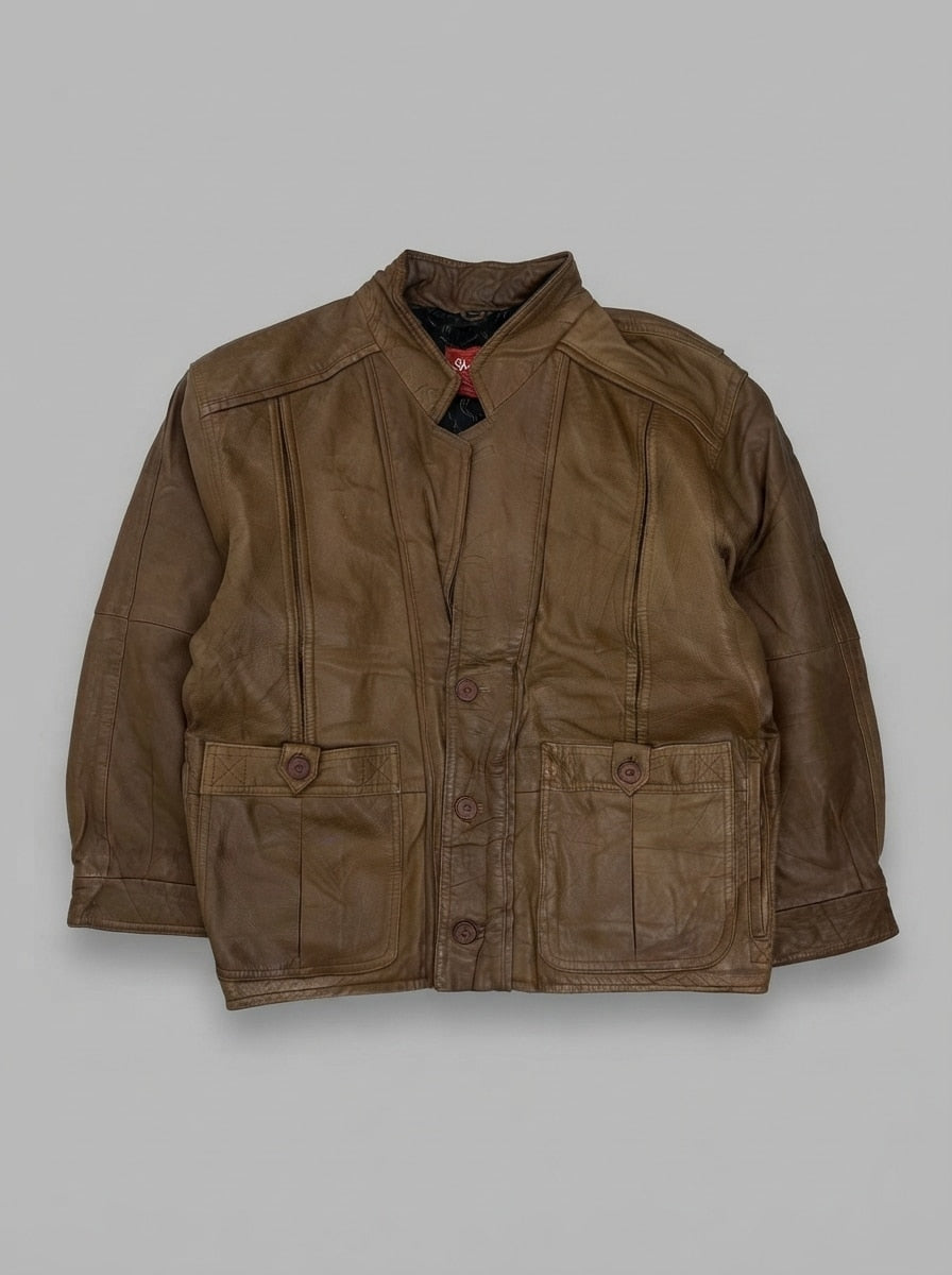 Brown leather vintage jacket, size L, shown flat from the front. Turn-back buttoned cuffs.