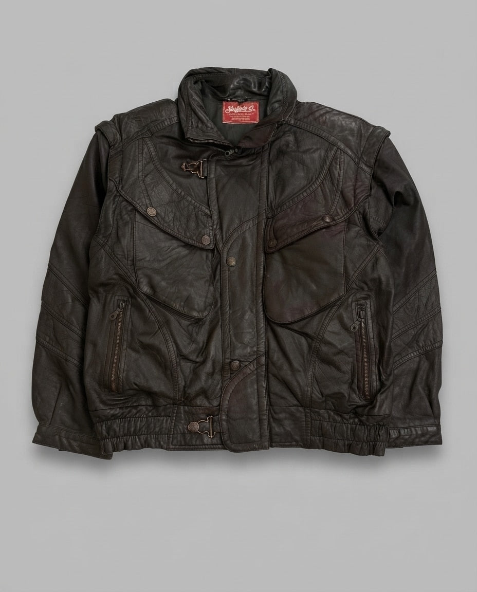 Brown leather vintage jacket, size XL, shown flat from the front. Olive quilted lining.