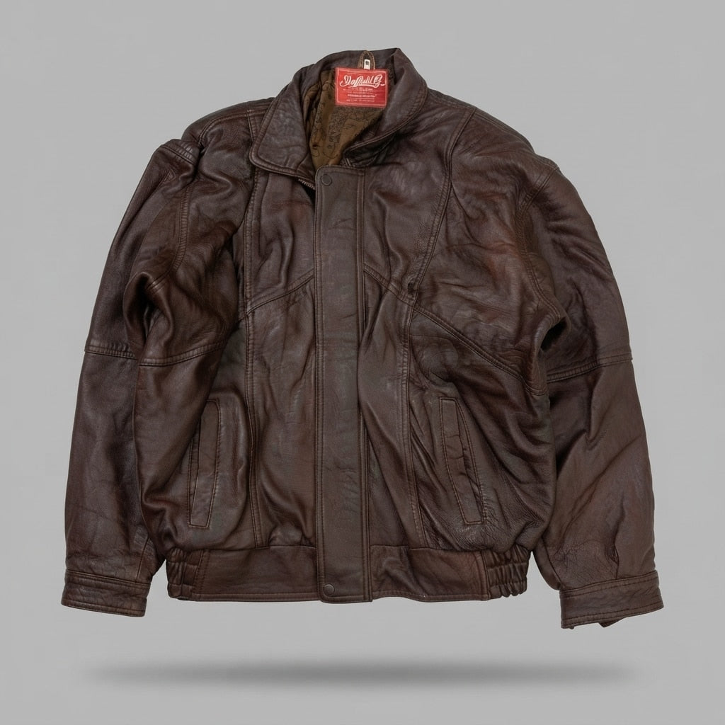 Burgundy leather flight jacket, size L, shown flat from the front. Elasticated Waist Sides.