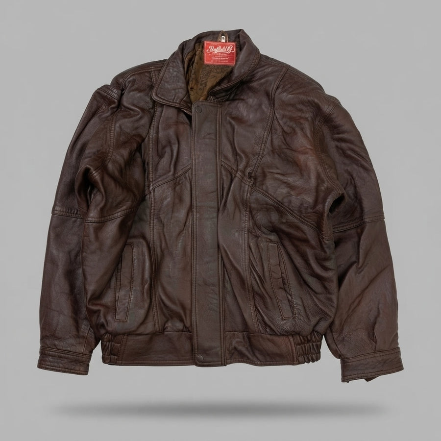 Burgundy leather flight jacket, size L, shown flat from the front. Elasticated Waist Sides.