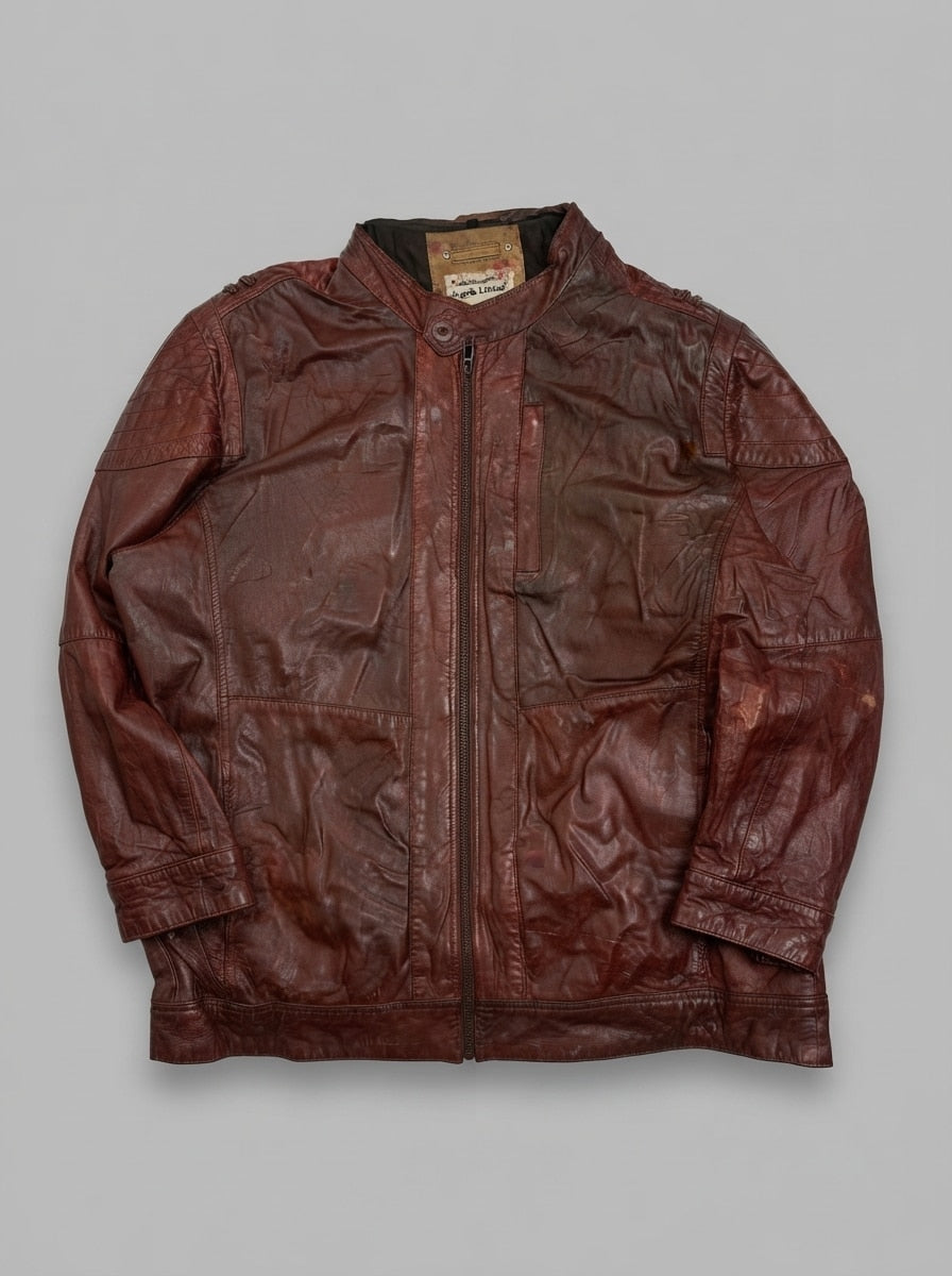 Burgundy leather cafe racer jacket, size L, shown flat from the front. Snap throat tab.