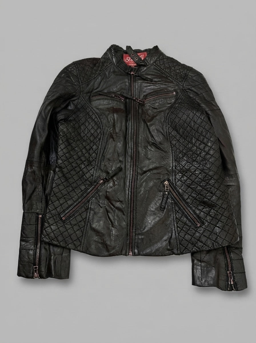 Brown leather cafe racer jacket, size S, shown flat from the front. Diamond Quilted Panels.