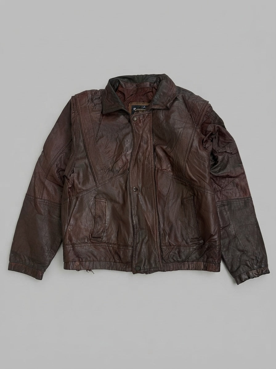 Brown leather harrington jacket, size L, shown flat from the front. Snap storm placket.