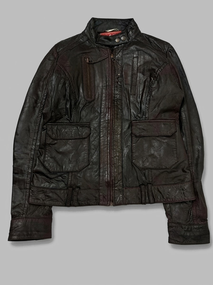 Brown leather cafe racer jacket, size XS, shown flat from the front. Twin Flap Hip Pockets.