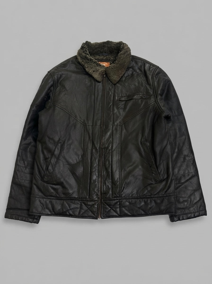 Brown leather flight jacket, size L, shown flat from the front. Shearling collar and pile lining.