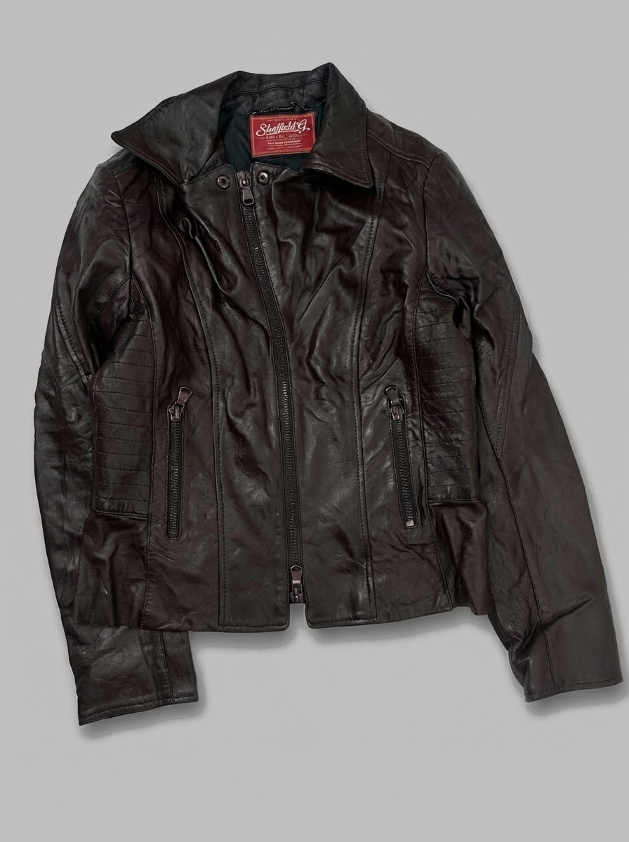 Burgundy leather biker jacket, size XS, shown flat from the front. Textured Sleeve Panels.