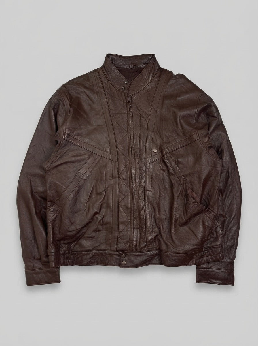Burgundy leather vintage jacket, size L, shown flat from the front. Diamond Stitch Panels.