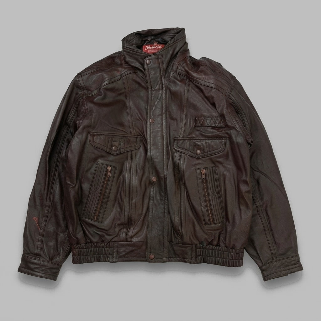 Burgundy leather flight jacket, size L, shown flat from the front. Snap Flap Chest Pockets.