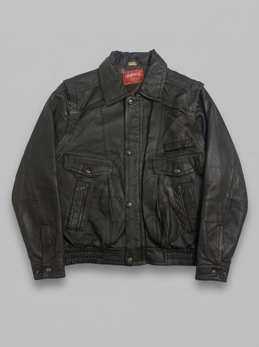 Brown leather trucker jacket, size L, shown flat from the front. Clasp front.