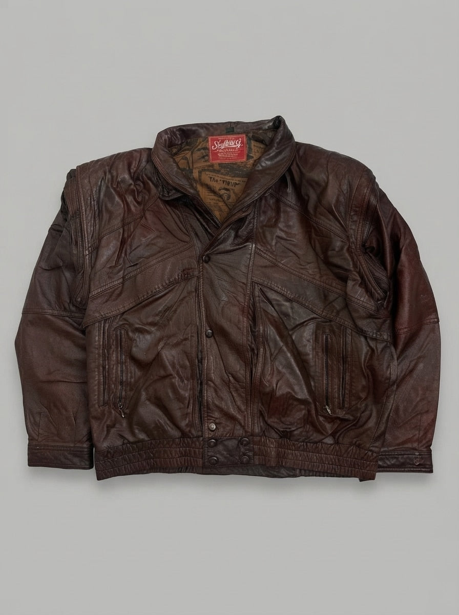 Burgundy leather harrington jacket, size M, shown flat from the front. Twin vertical zip pockets.