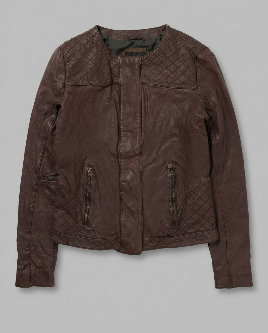 Burgundy leather vintage jacket, size S, shown flat from the front. Collarless Quilted Yoke.