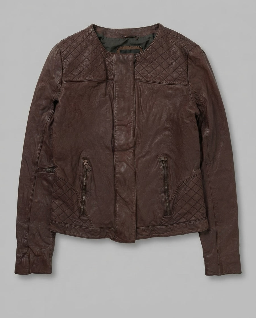 Burgundy leather vintage jacket, size S, shown flat from the front. Collarless Quilted Yoke.