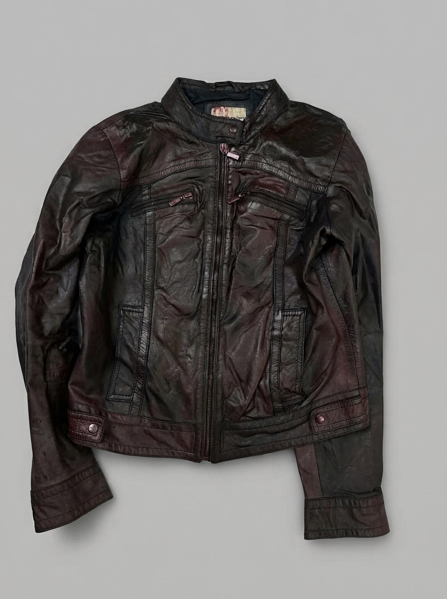 Burgundy leather cafe racer jacket, size S, shown flat from the front. Twin Zip Chest Pockets.