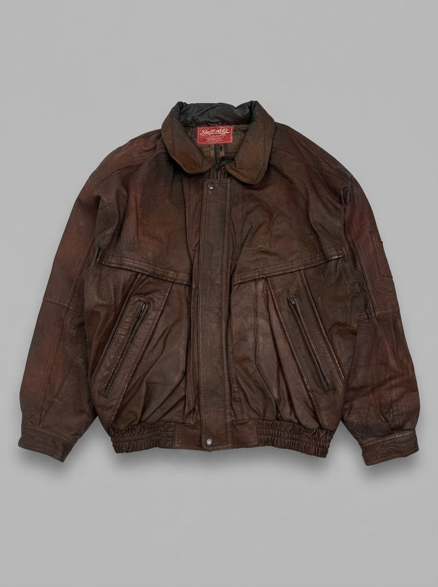 Burgundy leather flight jacket, size XL, shown flat from the front. Sleeve zip pocket.