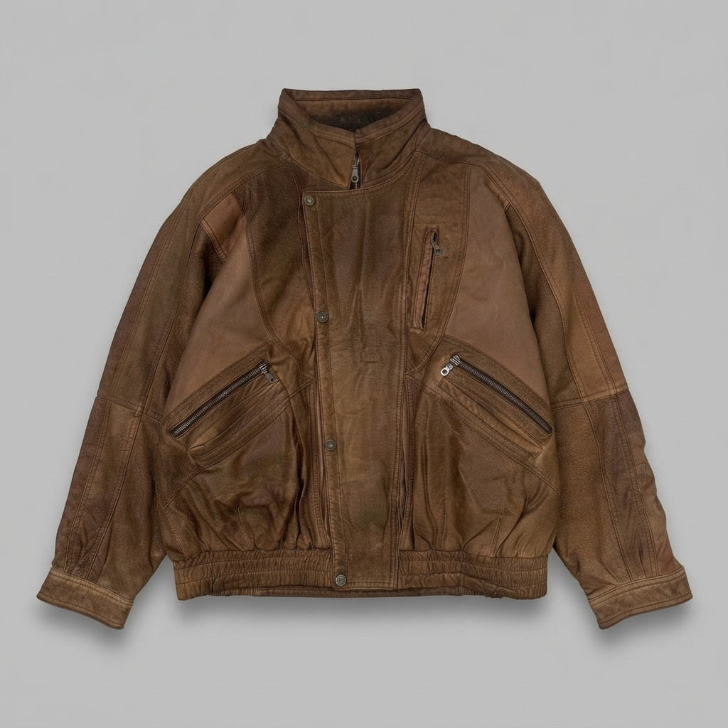 Brown leather flight jacket, size XL, shown flat from the front. Offset Snap Storm Flap.