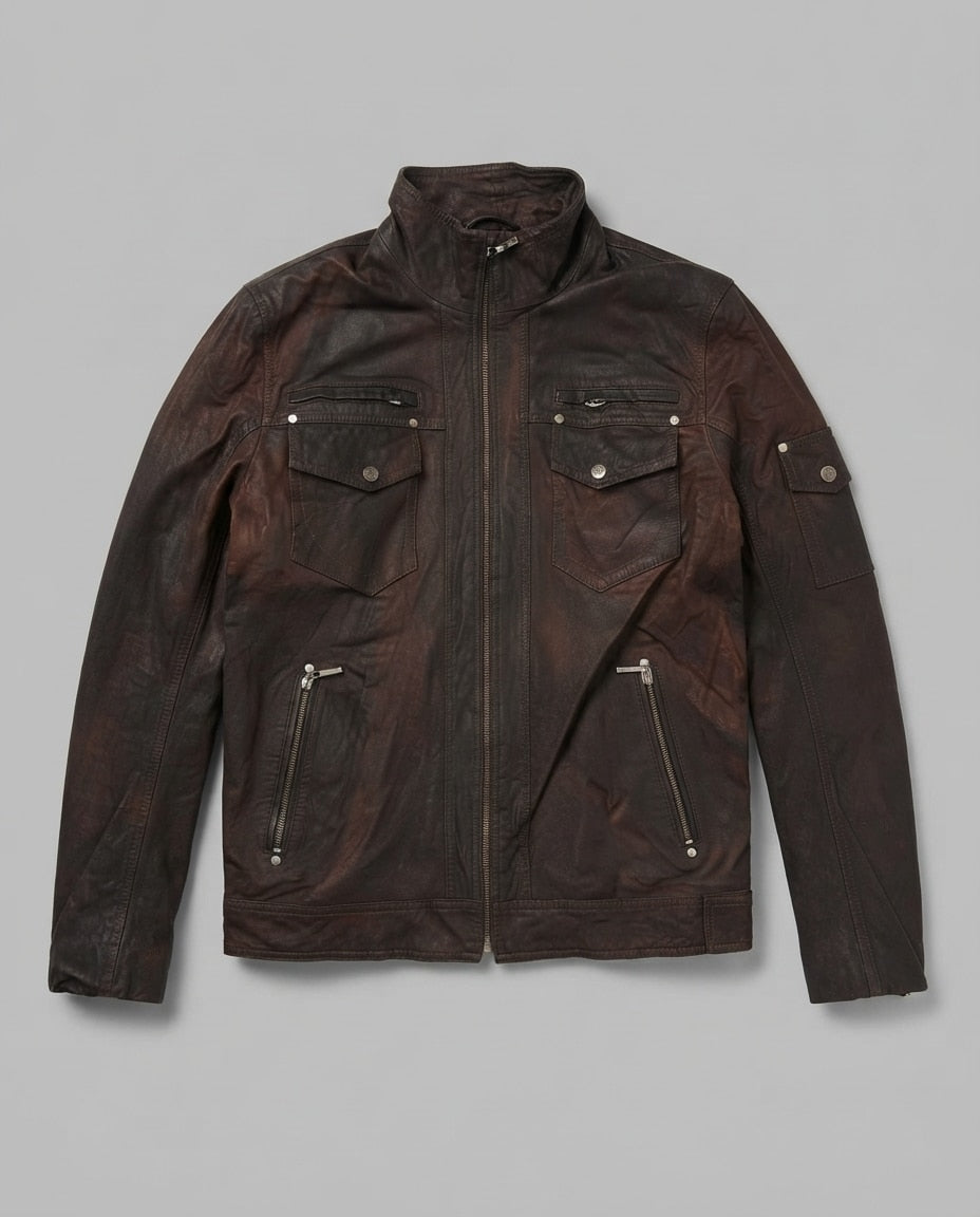 Brown leather cafe racer jacket, size L, shown flat from the front. Sleeve Snap Pocket.