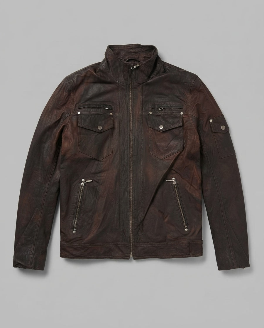 Brown leather cafe racer jacket, size L, shown flat from the front. Sleeve Snap Pocket.