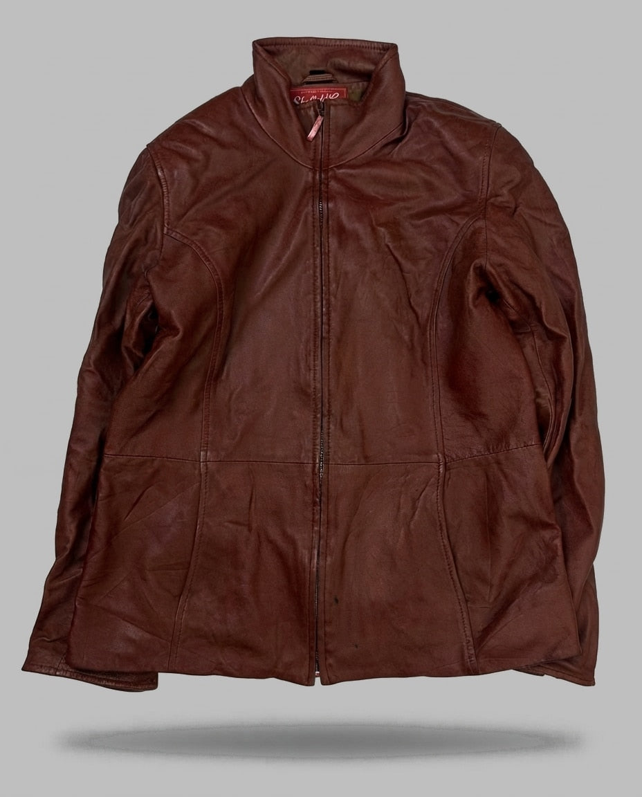 Burgundy leather cafe racer jacket, size S, shown flat from the front. Tall Stand Collar.