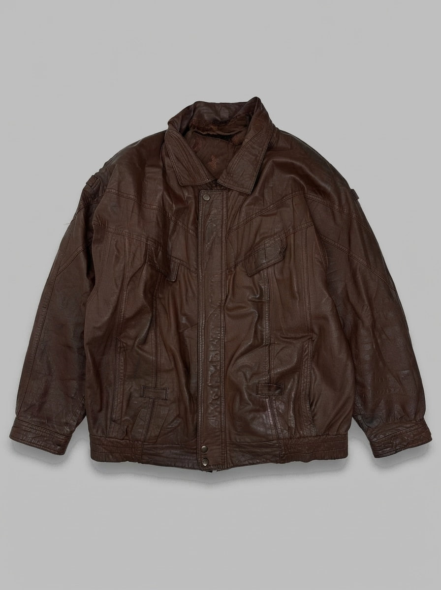 Burgundy leather vintage jacket, size XL, shown flat from the front. Panelled Snap Placket.