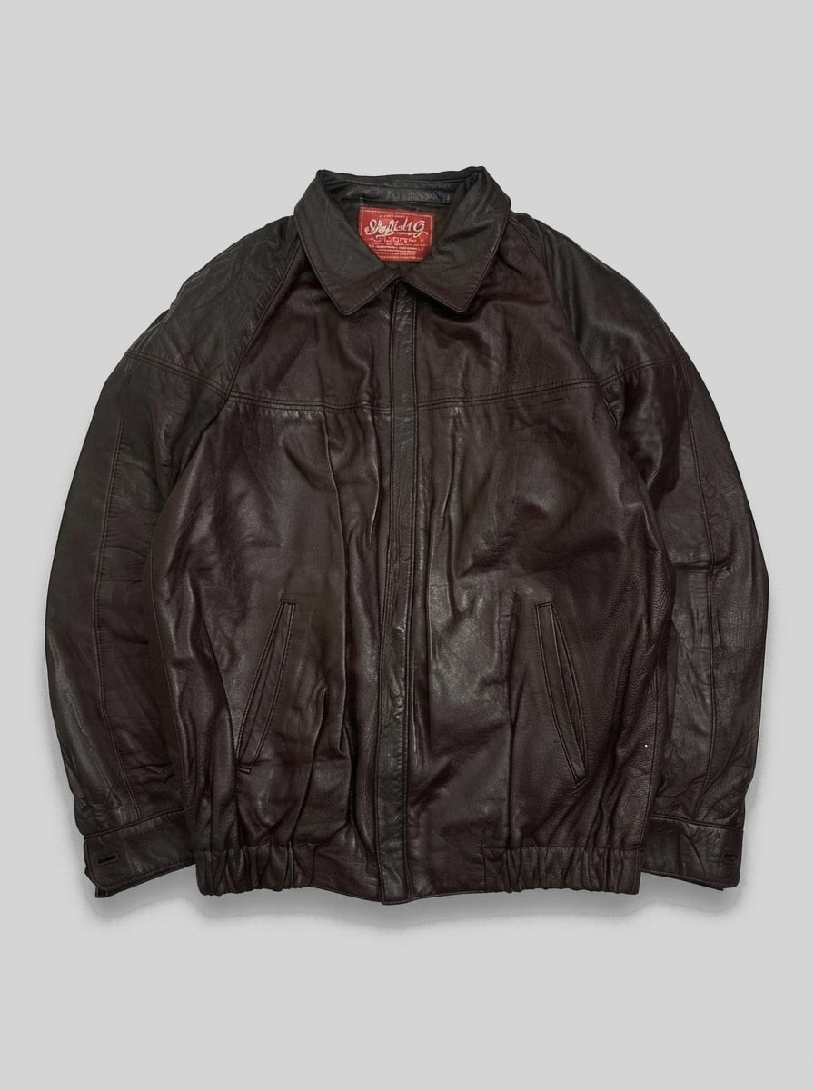 Burgundy leather harrington jacket, size M, shown flat from the front. Raglan Sleeves.