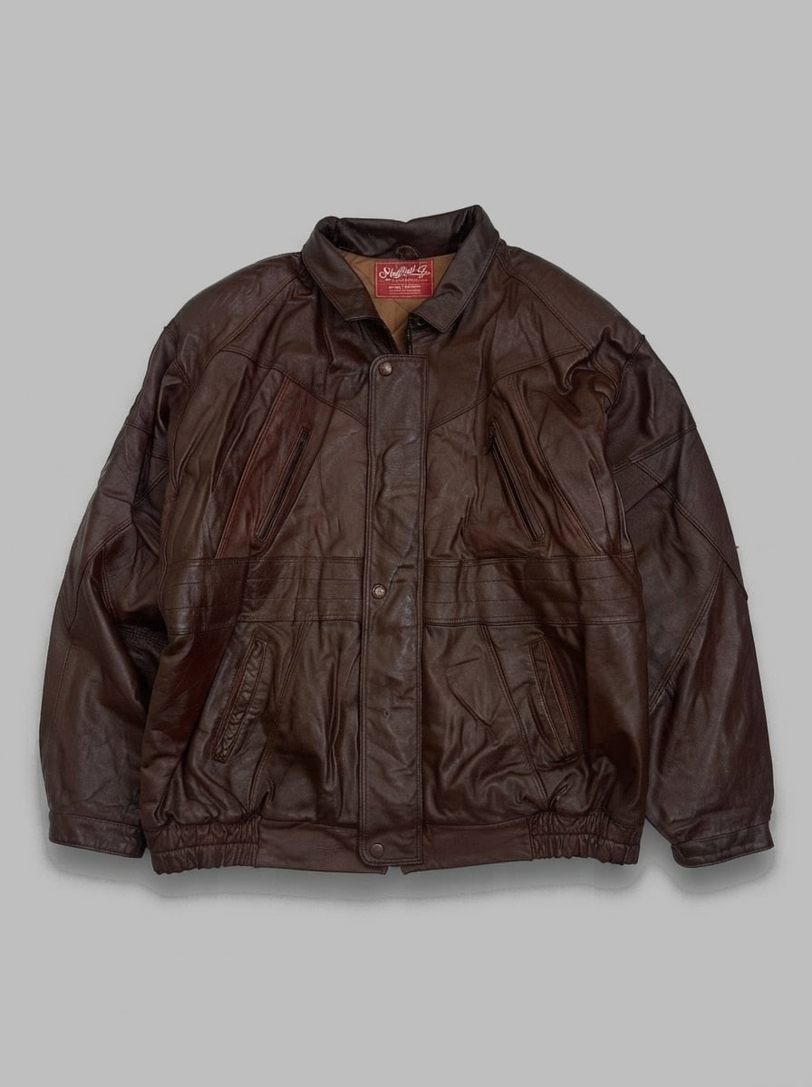 Burgundy leather vintage jacket, size L, shown flat from the front. Panelled Yoke Front.