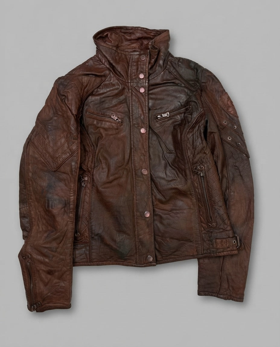 Burgundy leather cafe racer jacket, size S, shown flat from the front. Snap Storm Placket.