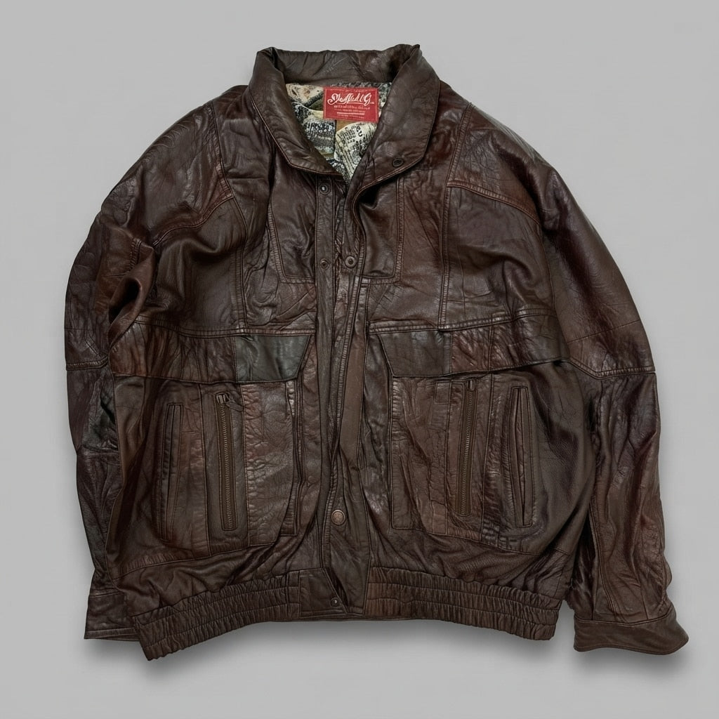Burgundy leather flight jacket, size XL, shown flat from the front. Pleated Flap Pockets.