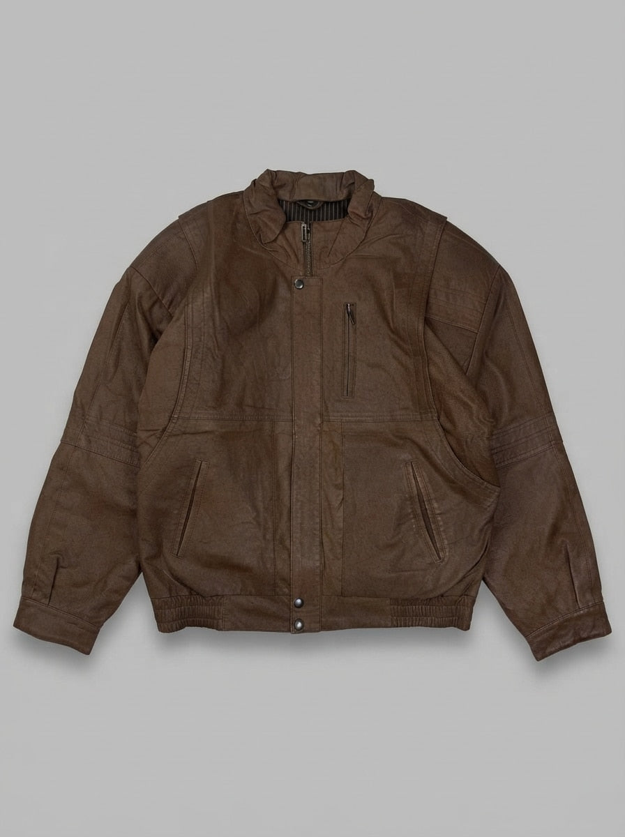 Brown leather vintage jacket, size L, shown flat from the front. Black pinstripe lining.