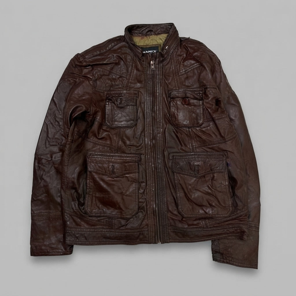 Burgundy leather field jacket, size L, shown flat from the front. Shoulder Epaulettes.