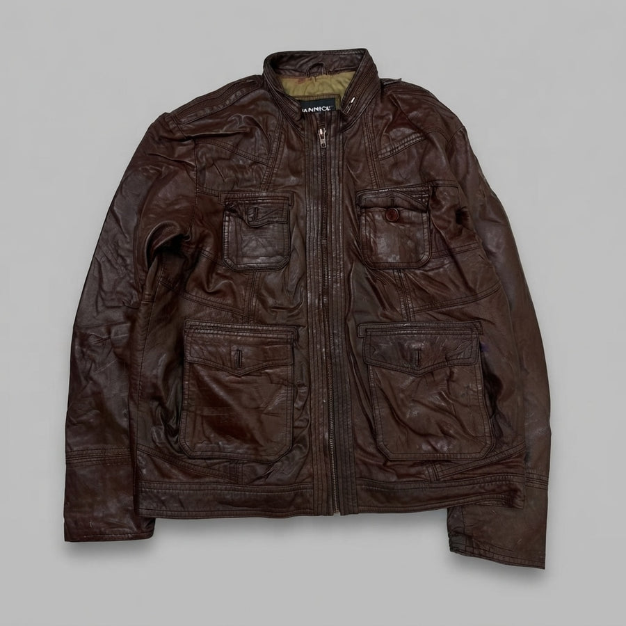 Burgundy leather field jacket, size L, shown flat from the front. Shoulder Epaulettes.
