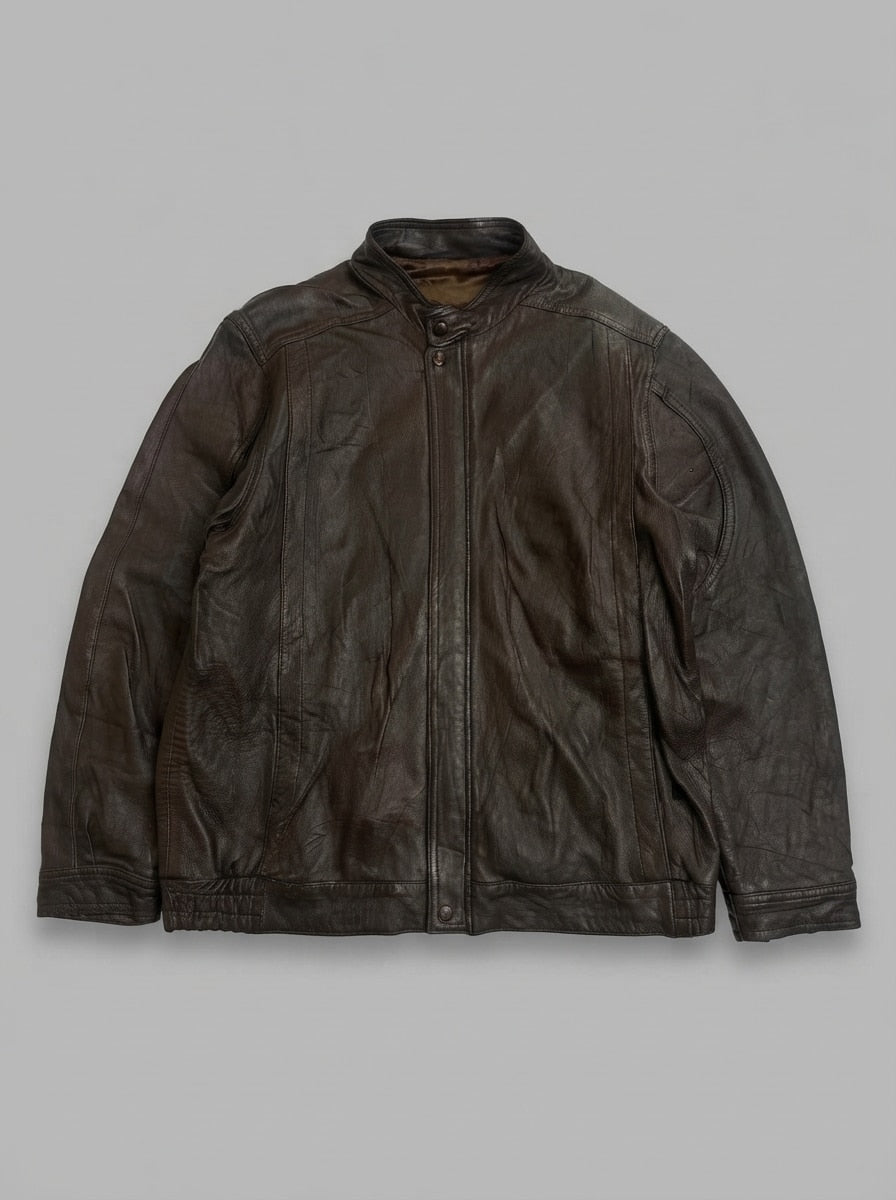 Brown leather cafe racer jacket, size L, shown flat from the front. Mandarin band collar.