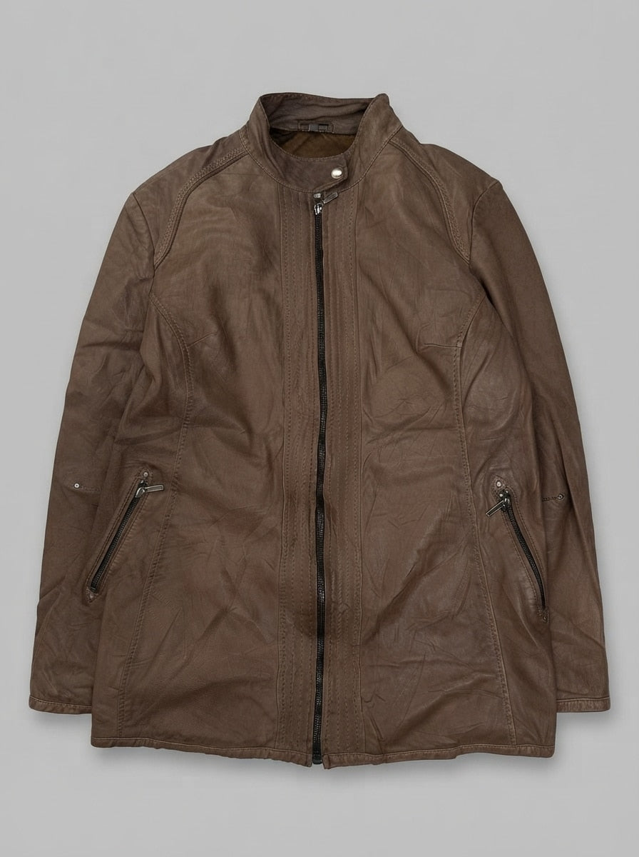 Brown leather cafe racer jacket, size XL, shown flat from the front. Leather band collar.