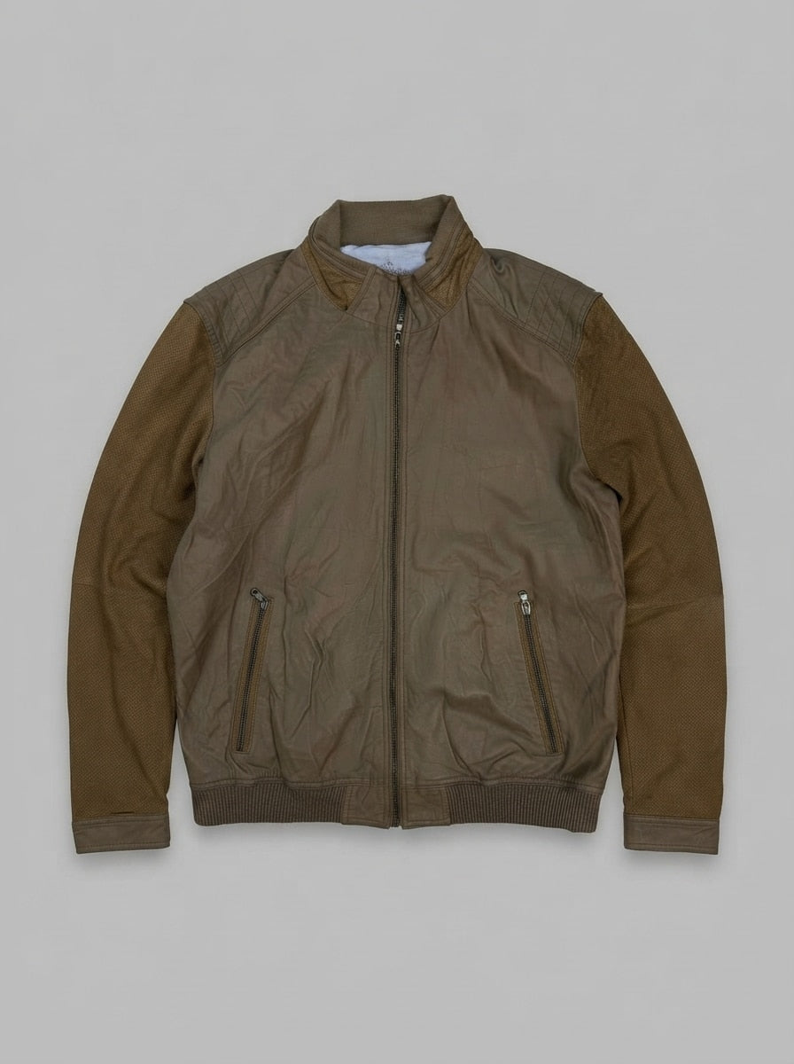 Brown leather cafe racer jacket, size L, shown flat from the front. Perforated Suede Sleeves.