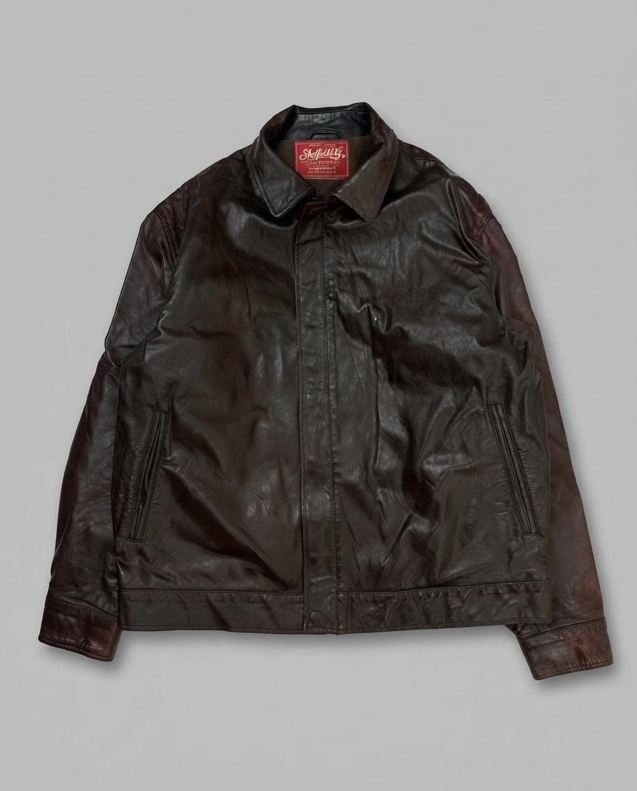 Burgundy leather vintage jacket, size S, shown flat from the front. Concealed Placket Front.