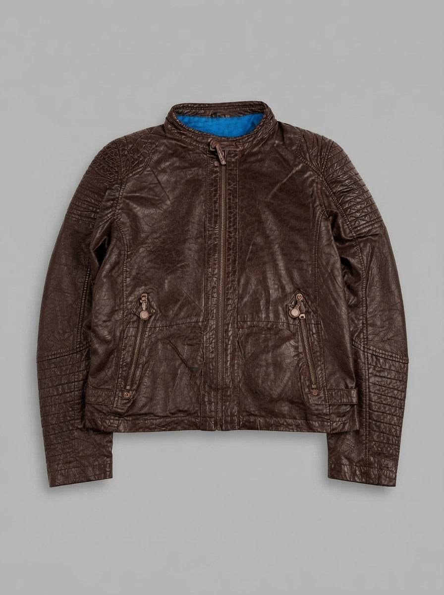 Brown leather cafe racer jacket, size M, shown flat from the front. Snap throat tab.