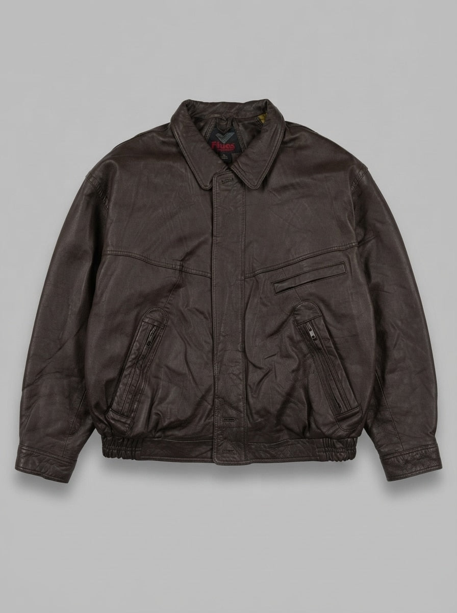 Brown leather harrington jacket, size L, shown flat from the front. Mustard satin lining.