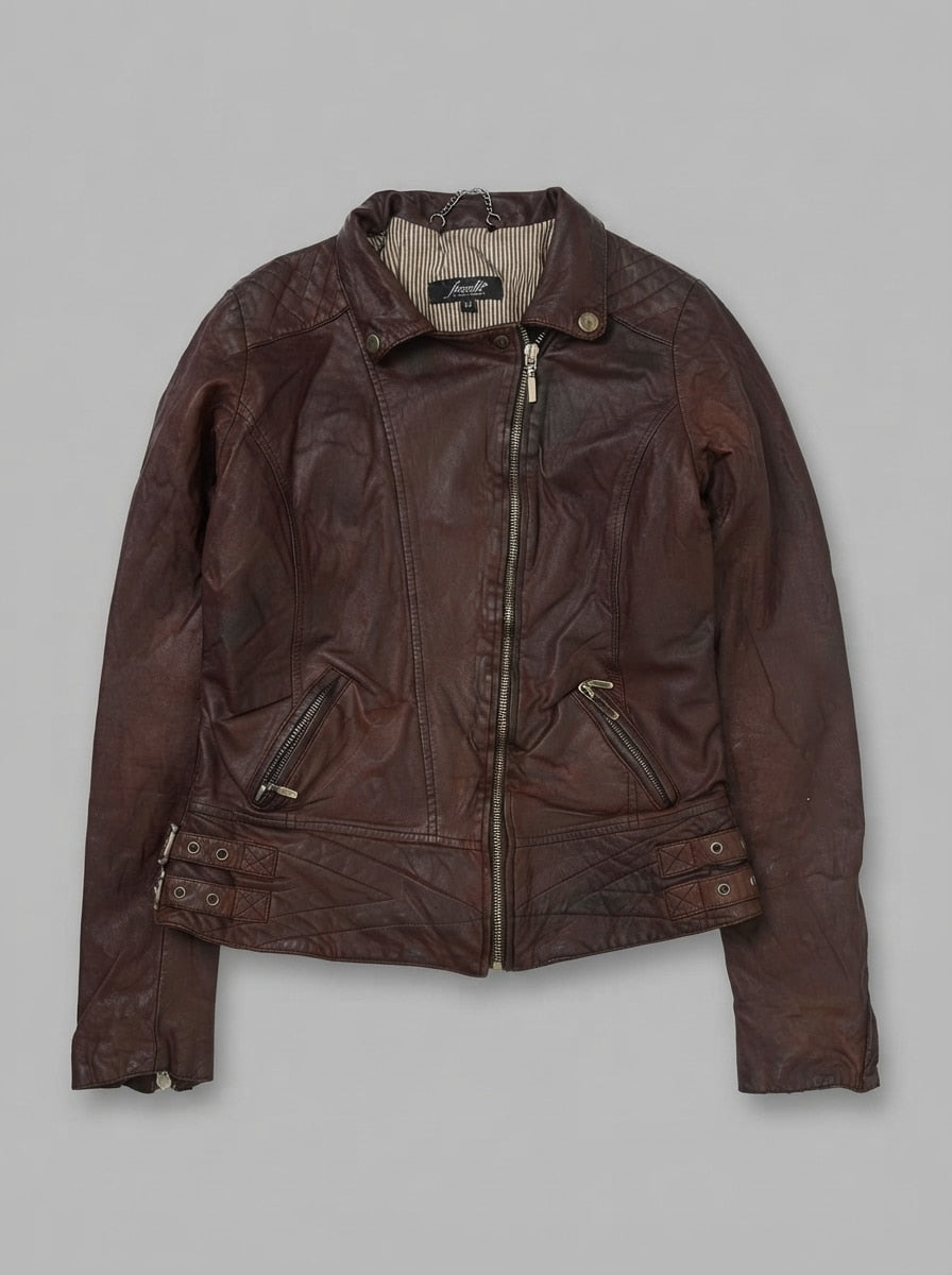 Burgundy leather biker jacket, size S, shown flat from the front. Buckled Waist Straps.