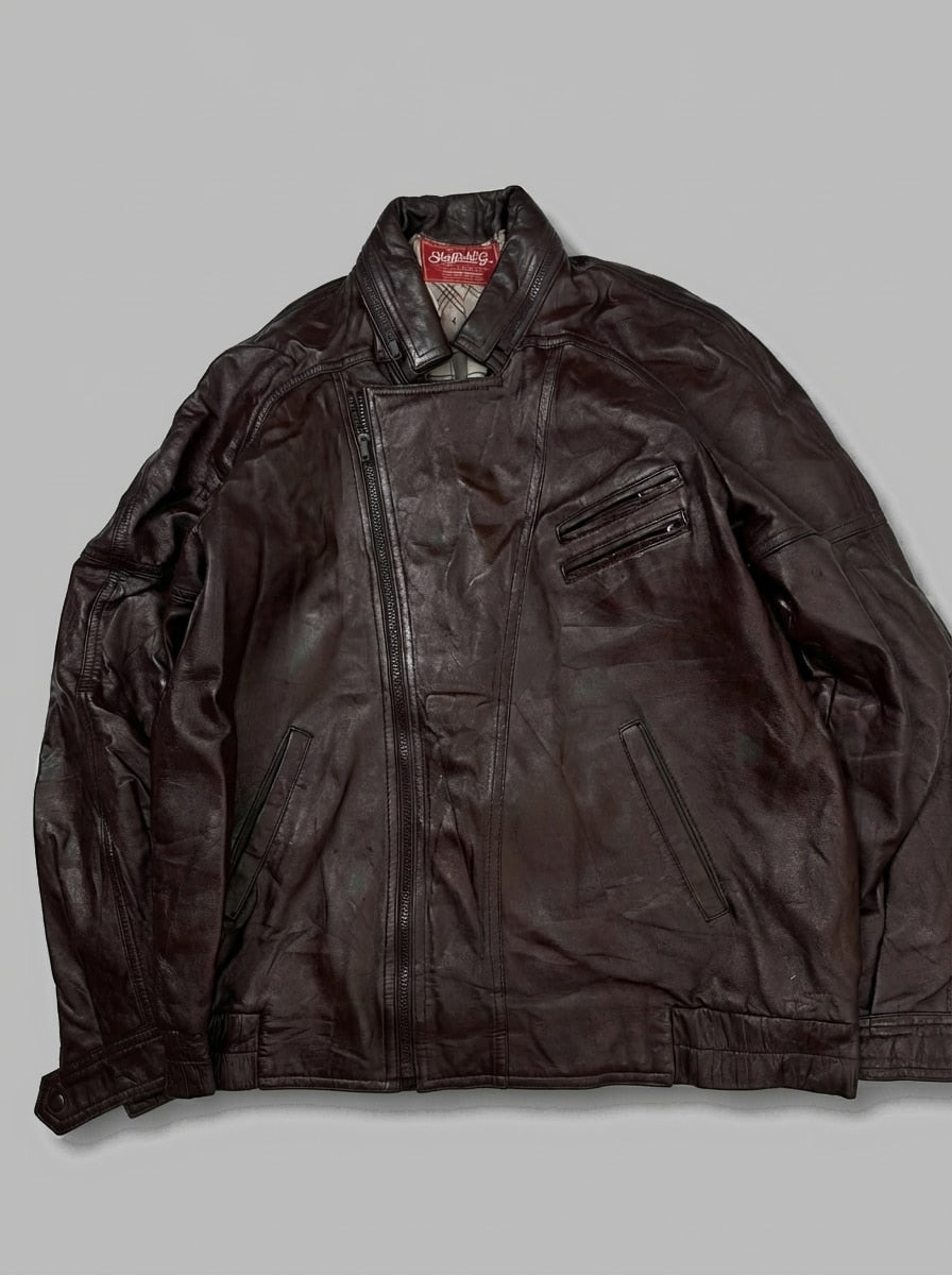 Burgundy leather biker jacket, size L, shown flat from the front. Offset Zip Front.