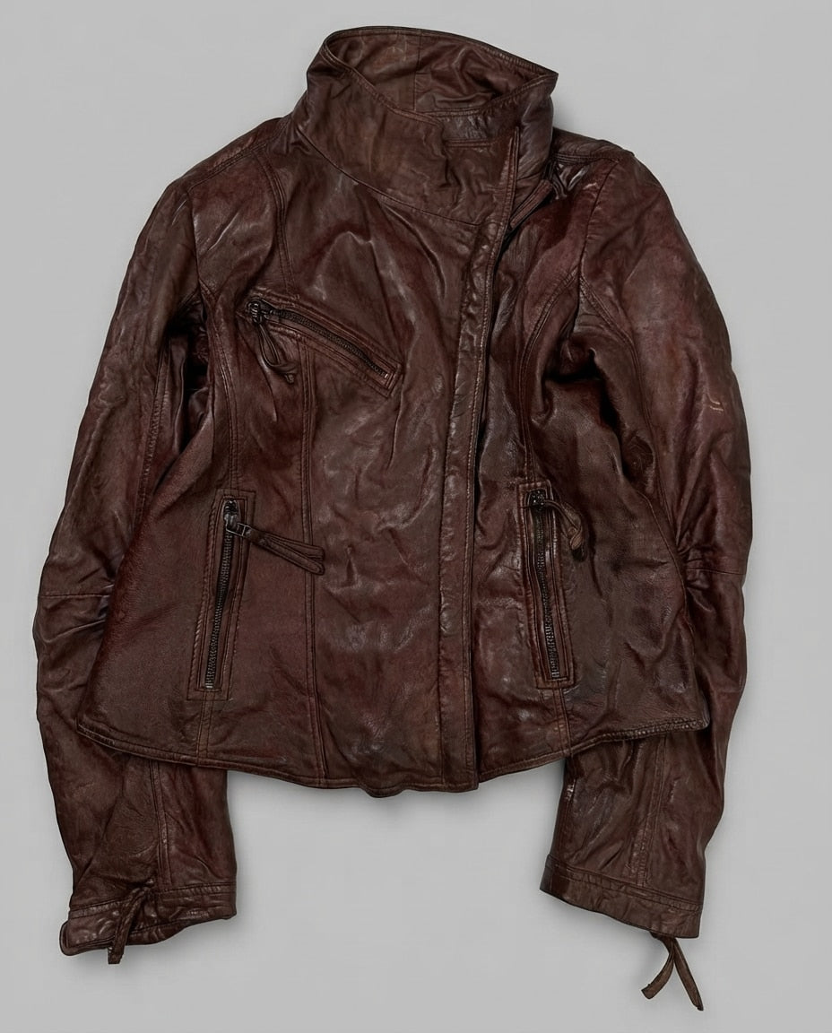 Burgundy leather biker jacket, size S, shown flat from the front. Tie Strap Cuffs.