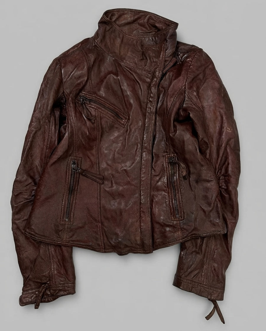 Burgundy leather biker jacket, size S, shown flat from the front. Tie Strap Cuffs.