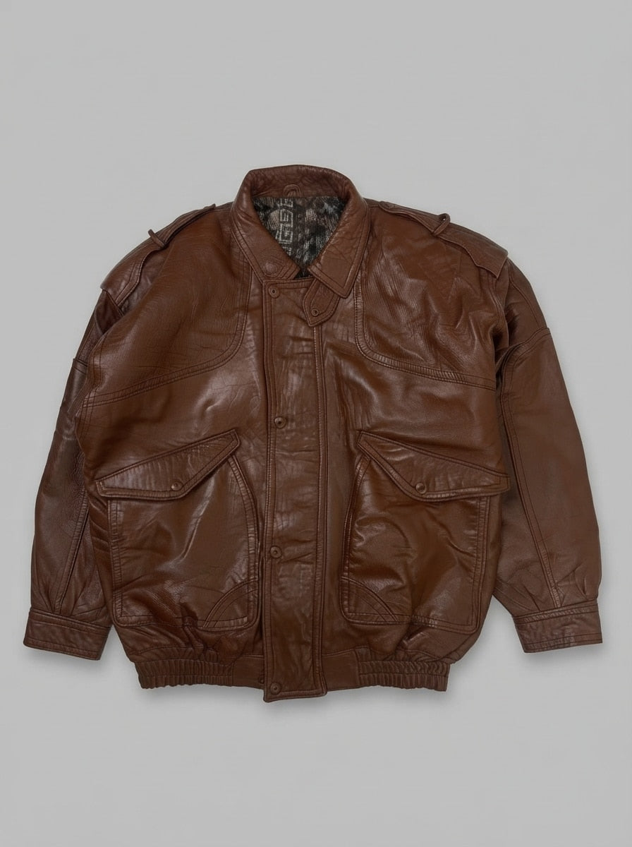 Brown leather flight jacket, size L, shown flat from the front. Geometric Tapestry Lining.