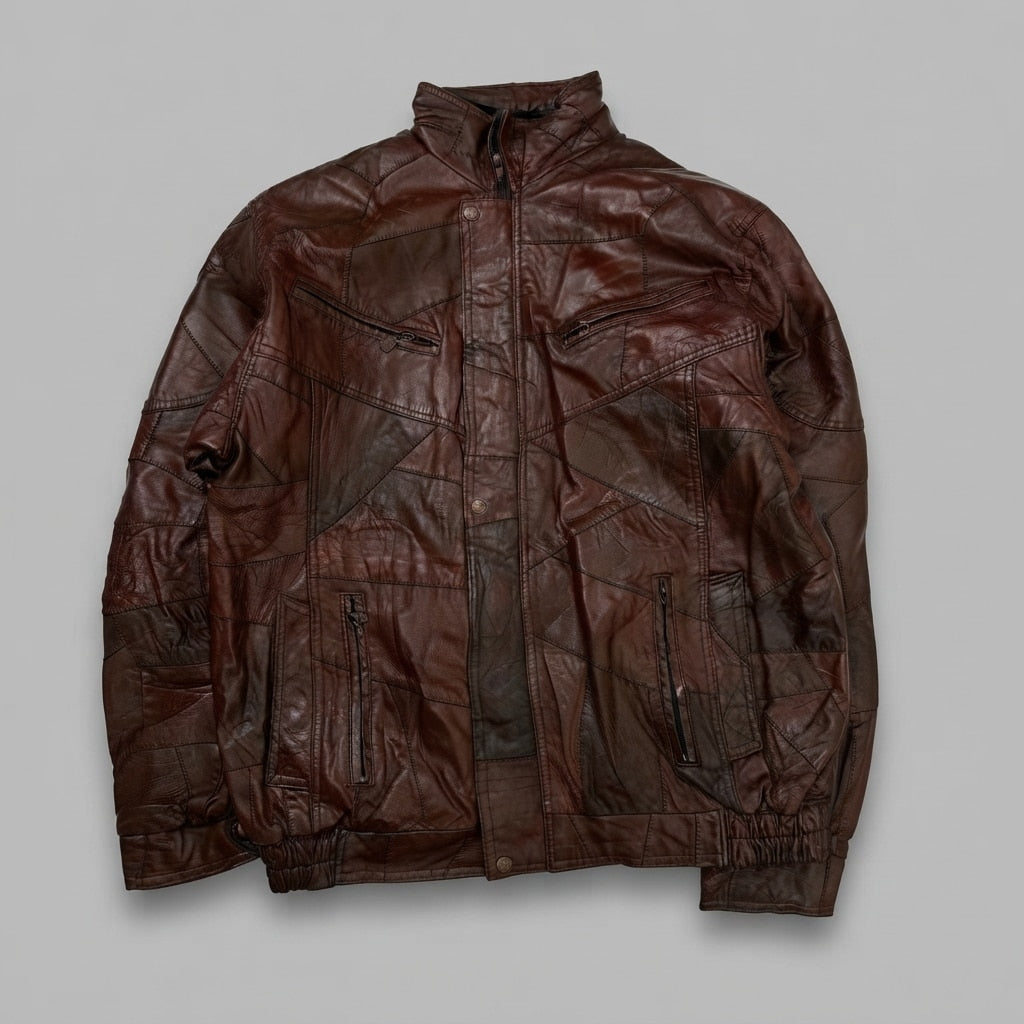 Burgundy leather flight jacket, size XL, shown flat from the front. Patchwork Leather Panels.