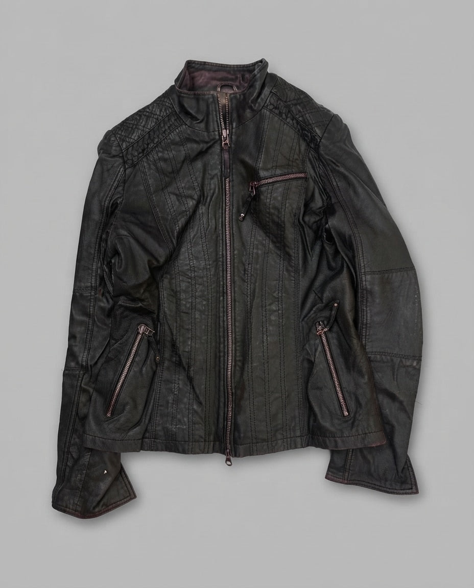 Burgundy leather cafe racer jacket, size S, shown flat from the front. Floral Print Lining.