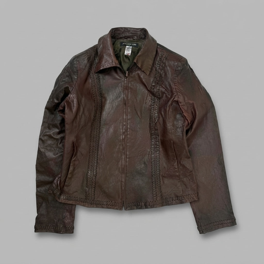 Burgundy leather vintage jacket, size S, shown flat from the front. Whipstitched Front Panels.