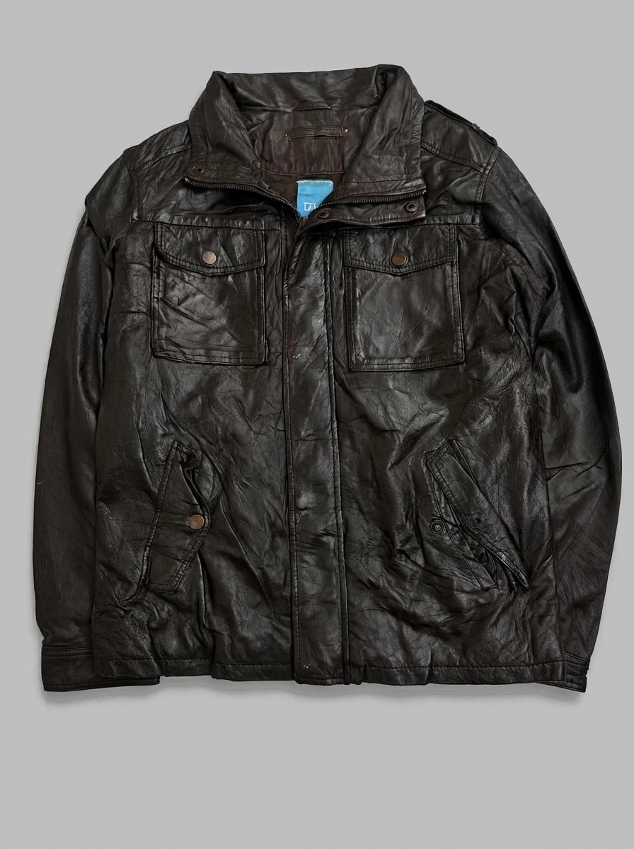 Brown leather field jacket, size L, shown flat from the front. Interior pocket.