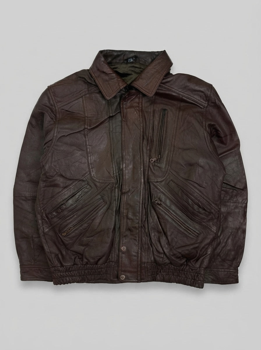 Burgundy leather vintage jacket, size M, shown flat from the front. Twin Diagonal Zip Pockets.
