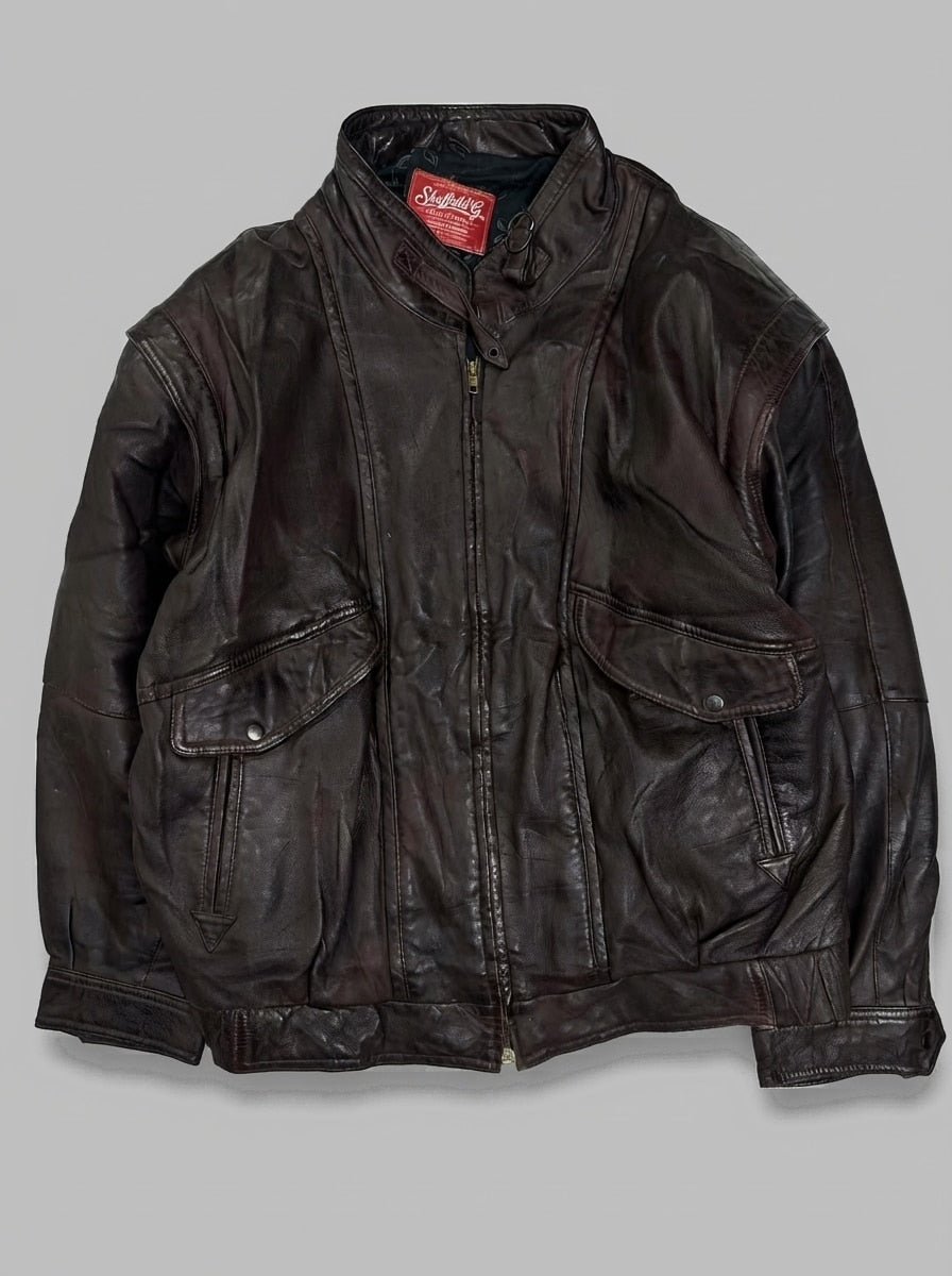 Burgundy leather flight jacket, size L, shown flat from the front. Twin Flap Hip Pockets.